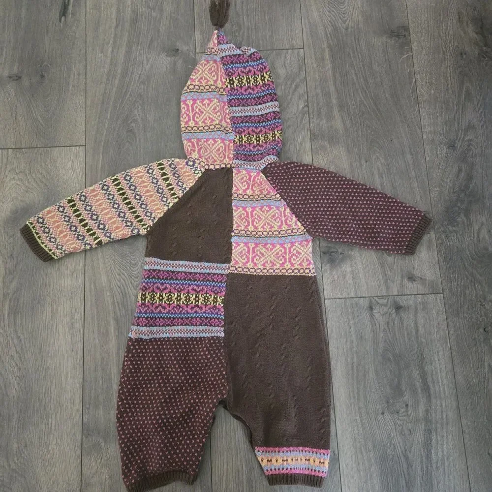 Vintage Hanna Andersson 70 6-12M Knit Romper Pixie Hood Boho Patchwork Sweater